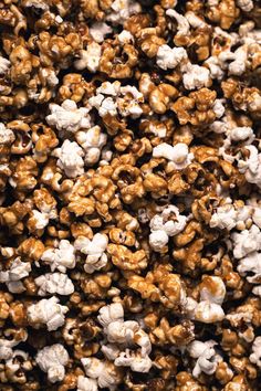 close up view of caramel popcorn kernels