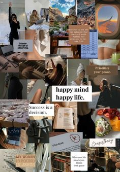 a collage of photos with words and pictures on them that say happy mind, happy life