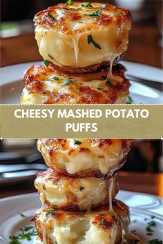 cheese mashed potato puffs stacked on top of each other with the words cheesy mashed potato puffs