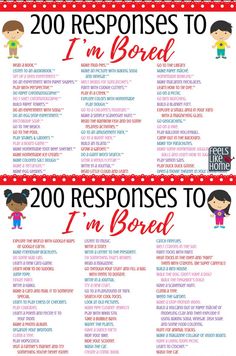 two red and white posters with the words 200 responses to i'm bored