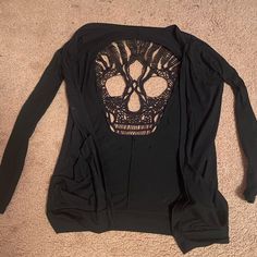 I Honestly Would Keep This If I Had An Outfit That Goes With It. It’s Super Unique And Cute. It Even Has Pockets! Great Shape And Never Worn. Stretch Casual Cardigan For Night Out, Casual Stretch Cardigan For Night Out, Casual Black Cardigan For Night Out, Stretch Skull Print Tops For Fall, Casual Long Sleeve Cardigan For Night Out, Black Long Sleeve Sweater With Skull Print, Skeleton Cardigan, Skeleton, Sweaters & Cardigans