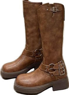 Casual Wide Calf Moto Boots With Buckle Closure, Casual Brown Boots With Buckle Closure, Leather Knee-high Boots With Buckle For Winter, Brown Knee-high Boots With Buckle For Work, Casual Knee-high Boots With Buckle Closure, Brown Knee-high Combat Boots For Winter, Brown High-top Boots With Buckle Closure, Casual Brown Mid-calf Boots With Buckle Closure, Knee High Combat Boots