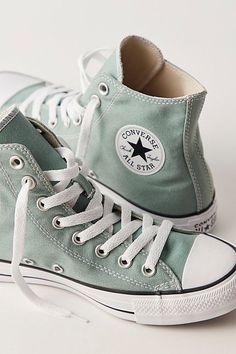 **Fit:** This style is in unisex sizing so a men's size 4 is a women�’s size 6. Classic canvas high top Chuck Taylors. | Chuck Taylor All Star Hi Top Converse Sneakers at Free People in Green, Size: US 5.5 M Cute Converse For Women, Converse Shoes Colors, Light Green Converse, Dyed Converse, All Star Aesthetic, Cute Sneakers For Women, Cute Converse Shoes, Hi Top Converse, Green Clothes