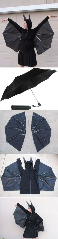 four different images of black umbrellas being made from old jeans and other items that have been cut out to look like bats