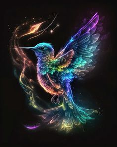 a colorful bird sitting on top of a black surface next to a firework design