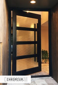 an open door leading to a room with a potted plant