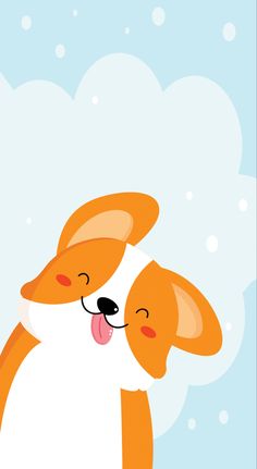 an orange and white dog with its tongue out sitting in the snow on a blue background