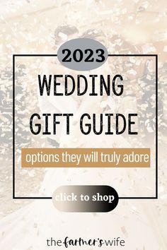 the wedding gift guide for brides and grooms is shown in front of confetti