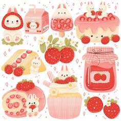 an illustration of some food and sweets on a white background with pink accents, such as strawberries