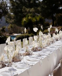 the table is set with white flowers and place settings for an outdoor dinner party or reception