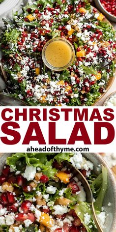 christmas salad with feta cheese and pomegranate on top