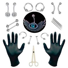 an assortment of surgical accessories including gloves, scissors and eyeballs are shown in this image