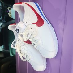 Brand New White, Red And Blue Nike Cortez. Red White And Blue Nike Shoes, Nike Cortez Red, Blue Nike Shoes, Blue Nikes, Nike Fashion Shoes, Men's Footwear, Nike Fashion, Blue Nike, Nike Cortez