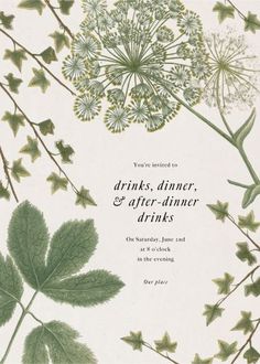 an image of a wedding card with flowers and leaves on the front, which reads drinks, dinner & after - dinner drinks