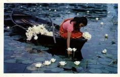 a woman in a boat with flowers floating on the water