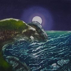 an image of a painting that looks like it is floating in the ocean at night