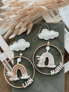 two hoop earrings with the word mama written on them, hanging from a piece of fabric