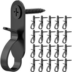 an assortment of hooks and screws are shown in this image, including one for each hook