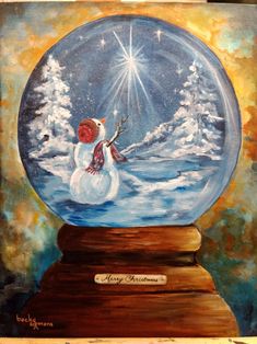 a painting of a snowman in a glass ball