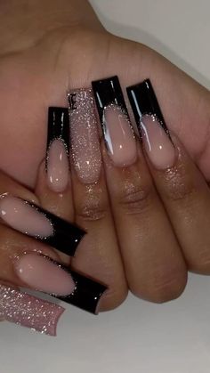 Graduation Nails Acrylic Black, Black Glam Nails, Black Prom Nails, Paznokcie Hello Kitty, Girly Acrylic, Prom Inspo, Black Acrylic Nails, Long Acrylic Nail Designs, Hard Nails