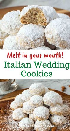 a plate full of italian wedding cookies with the words melt in your mouth