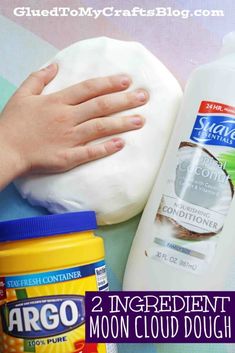 two ingredients for homemade moon cloud dough sitting on a table with the title overlay