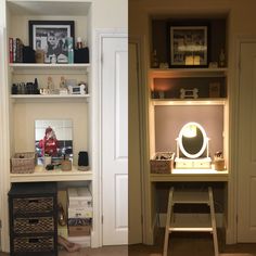 two pictures side by side one has a desk and the other has shelves with items on it