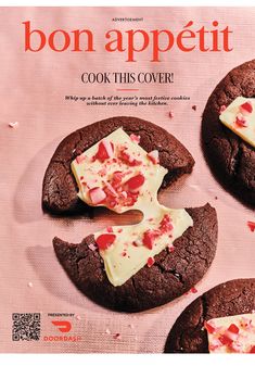 the cover of bon appetit magazine features cookies with cheese and toppings on them