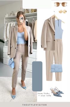 Light Blue Suit Women Outfit, Beige And Blue Outfit, Blue And Beige Outfit, Japanese Wardrobe, Formal Winter Outfits, Beige Hose, Outfit Blazer, Color Combos Outfit, Combination Fashion