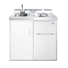 a white kitchen sink sitting next to a refrigerator