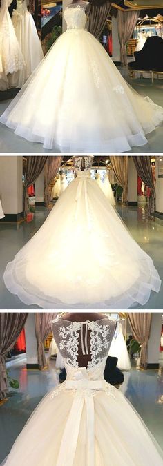 three different views of wedding dresses on display