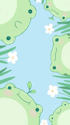 an image of frogs in the grass with flowers and leaves around them on a blue background