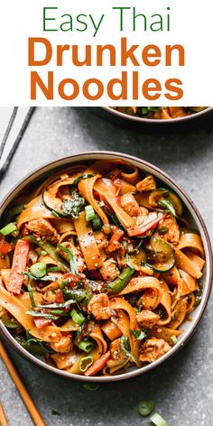 an easy thai noodle dish in a bowl with chopsticks on the side