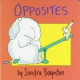 the book cover for opposites with an elephant on a sees - bar and rabbit on a pole