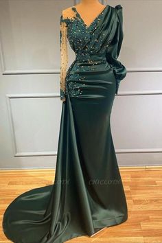 Dark Green Mermaid Long Sleeve Prom Dress With Lace Mermaid Prom Dresses With Sleeves, Evening Dress Beaded, Shoes Heel