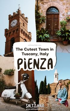 the cutest town in tuscanny, italy is pienza and it's famous clock tower