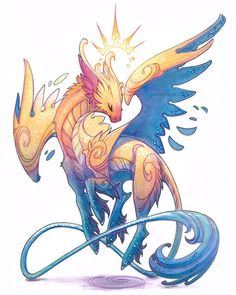 a drawing of a yellow and blue dragon with its wings spread out in the air