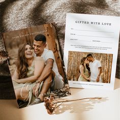 an image of a couple on their wedding day next to a photo book and greeting card