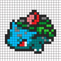 an image of a cross stitch pattern with a blue flower in the middle and green leaves on