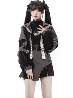 Black and Gray Techwear Zip Closure Jacket Trendy Long Sleeve Outerwear For Cosplay, Long Sleeve Outerwear For Costume Party In Spring, Trendy Fitted Outerwear For Cosplay, Female Techwear, Cyberpunk Outfit, Techwear Outfits, Techwear Fashion, Cyberpunk Fashion, Poses References