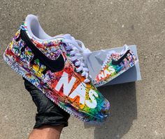 Custom Air Force 1 - multicolor splatter effect with black drip on swoosh. Put name of choice in personalize.  Hand painted with angelus acrylic paints also painting technique with brush. Final protection will be applied for every artcraft.  Shoe: Nike Air Force 1 07 Men/Women Painting materials: angelus acrylic paint. Processing Time: Please allow 3-4 weeks for item to be shipped.  Check your size and color carefully before ordering (size reference can be found in listing pictures) Message for Black Custom Sneakers With Paint Splatter For Streetwear, Multicolor Custom Sneakers With Paint Splatter For Streetwear, Customizable Multicolor Sneakers For Streetwear, Custom Shoes Men, Painting Materials, Women Painting, Unique Sneakers, Air Force 1 Custom, Custom Air Force 1