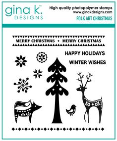 a christmas scene with deer, tree and snowflakes in black on white paper