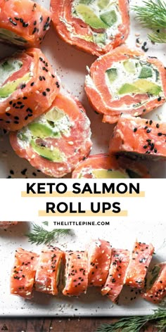 keto salmon roll ups with avocado and dill sprinkled on top