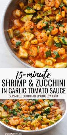 shrimp and zucchini in garlic tomato sauce is shown with the title above it