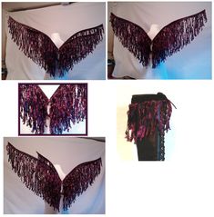 three pictures of different types of clothing with purple fringes on the top and bottom