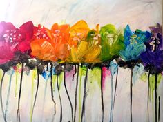 an abstract painting of colorful flowers on a white background with watercolor paint drips