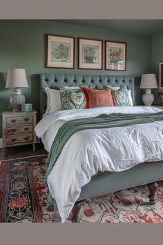 a bedroom with green walls and white bedding