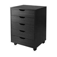 a black dresser with four drawers on wheels