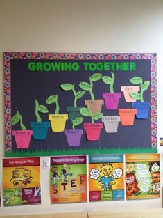 a bulletin board with plants on it in front of the classroom sign that says growing together