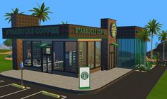 a starbucks coffee shop with palm trees in the background